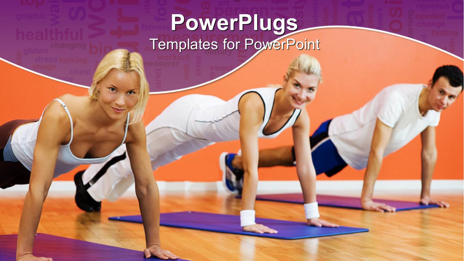 Two Women One Man Performing Plank Pose on Purple Yoga Mats with Orange Background
