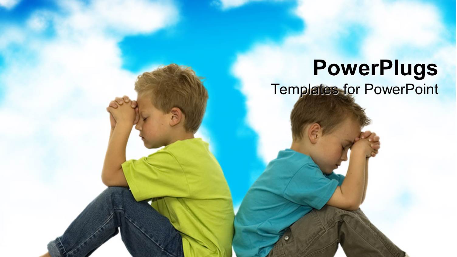 Two Young Boys Praying while Sitting Back to Back Cloudy Blue Sky