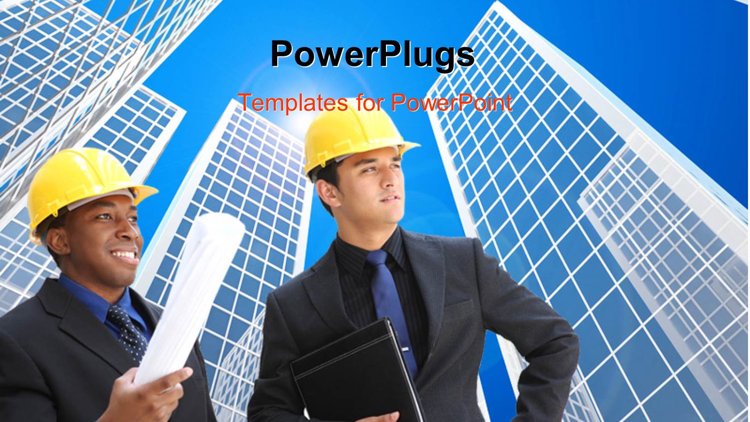 Two Young Engineers with Protective Helmets and Blueprints with Skyscrapers in Background