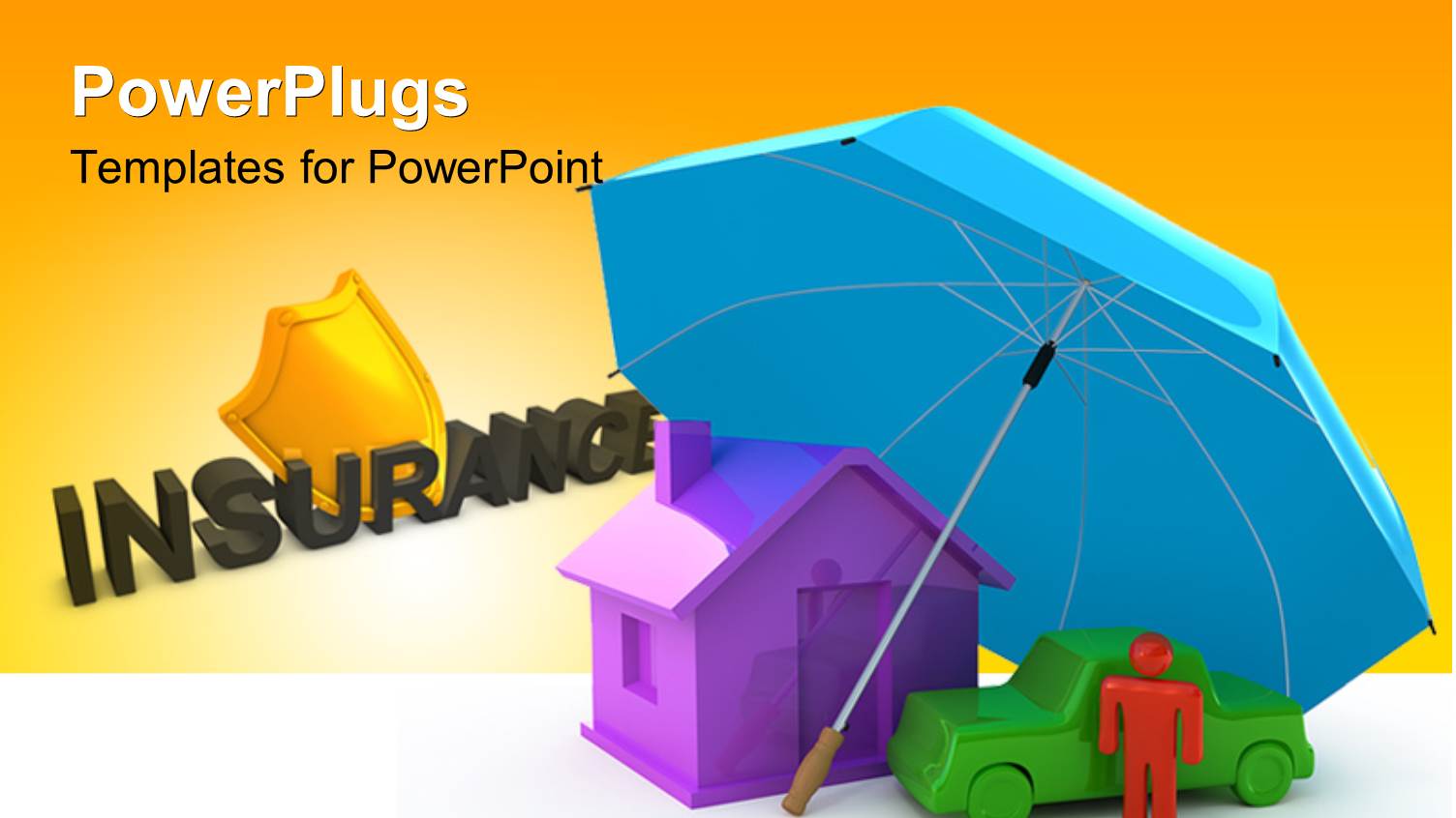 Umbrella Giving Shelter to a House, Car and Human with Insurance Keyword in Background Depicting Insurance Concept