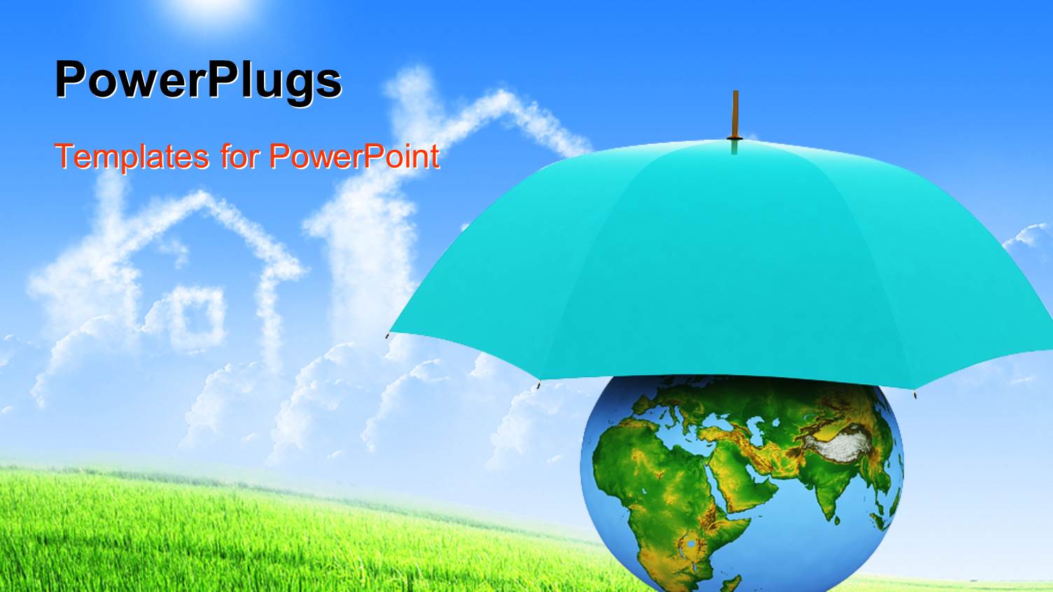 Umbrella Over a Globe, House Shaped Clouds