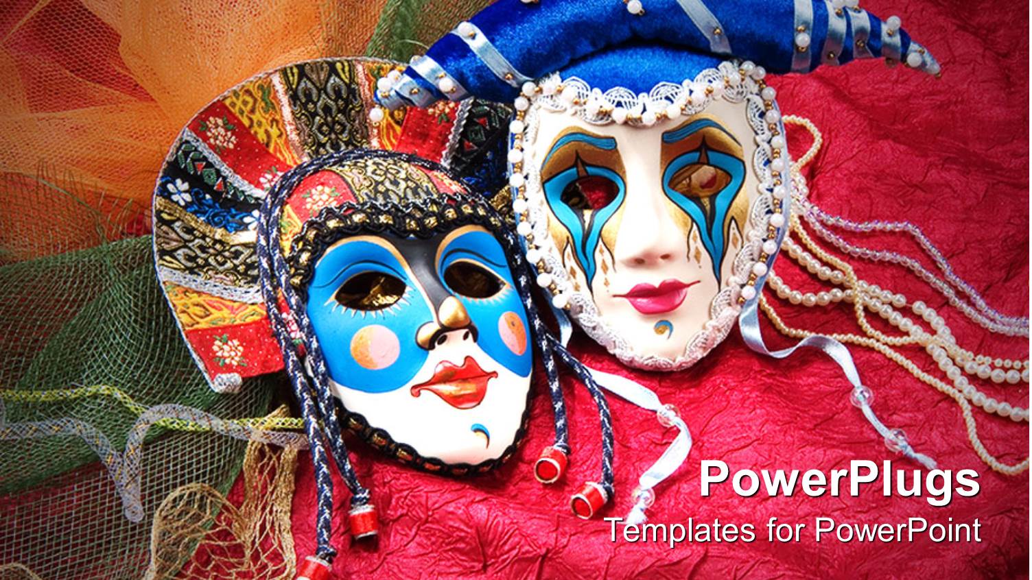 Unique Beaded Carnival Masks on Maroon Fabric