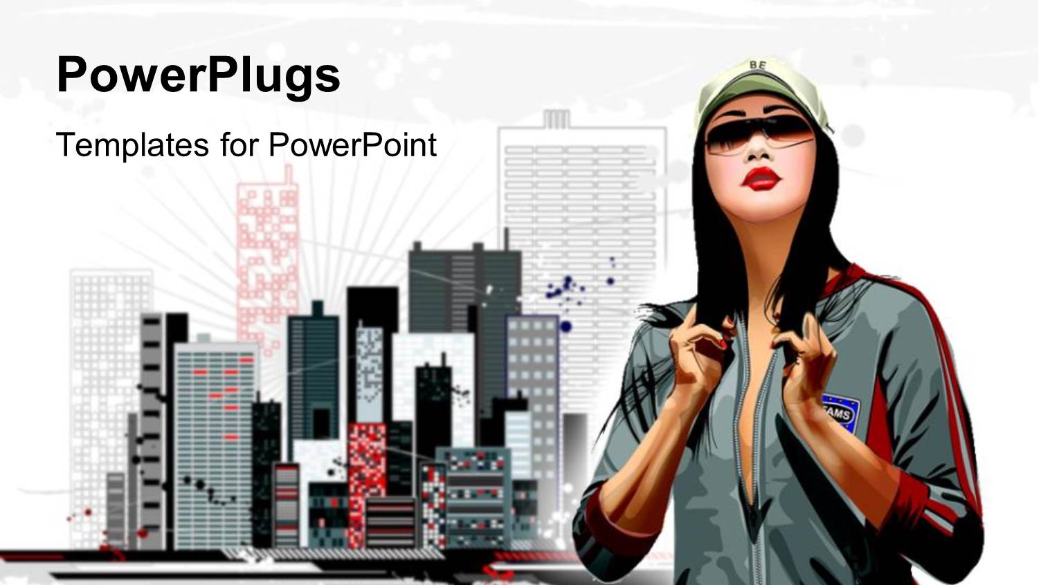 Urban City with Skyscrapers with Girl in Tracksuit and Face Cap