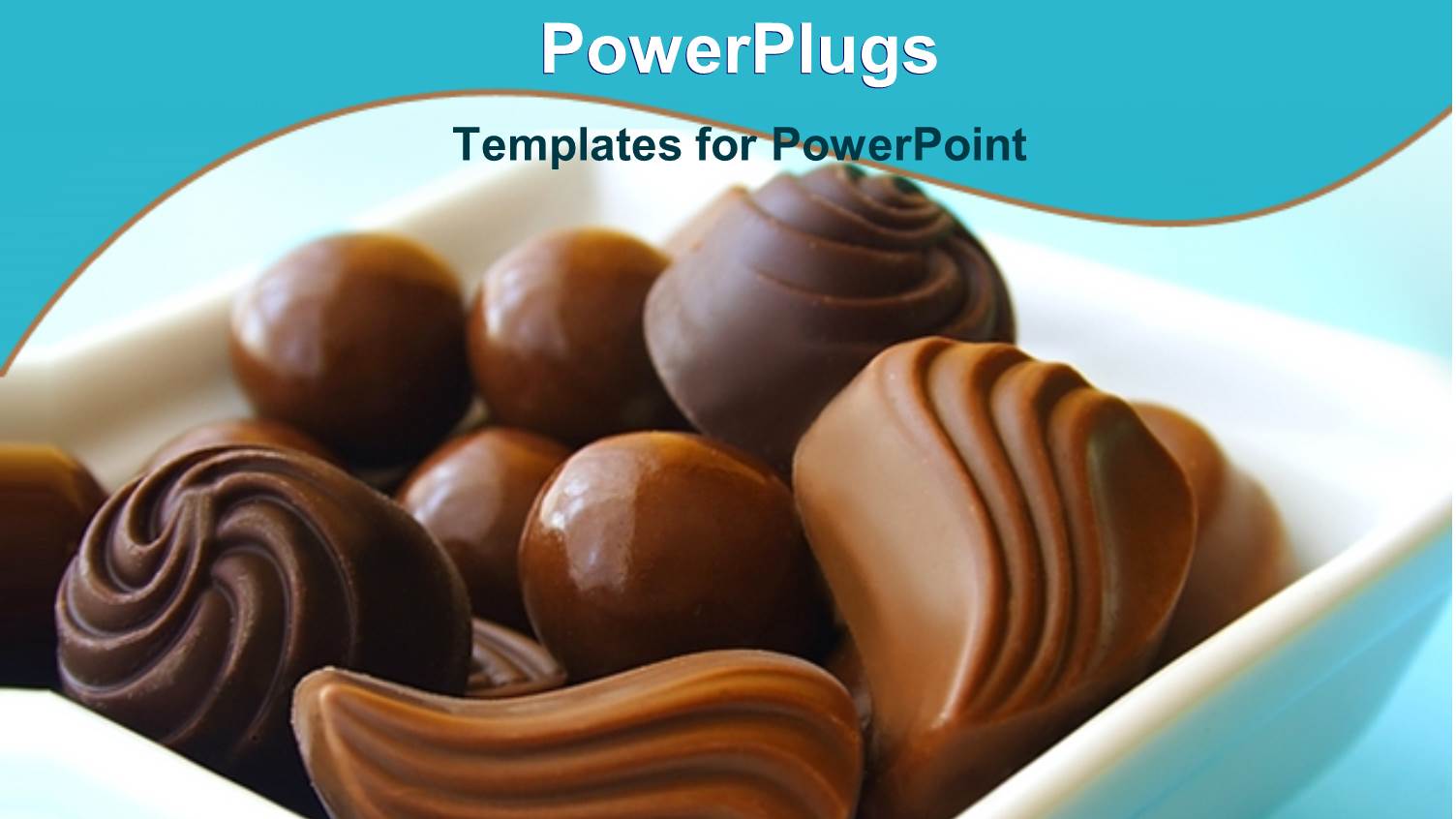 Various Chocolate Balls and Chocolate Candies in a Bowl on Light Blue Background