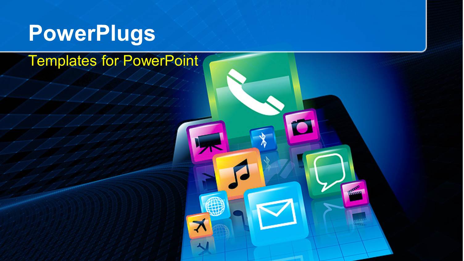 Various Icons like Message, Video, Phone, Chat, Globe, Camera Over Tablet on Blue Background