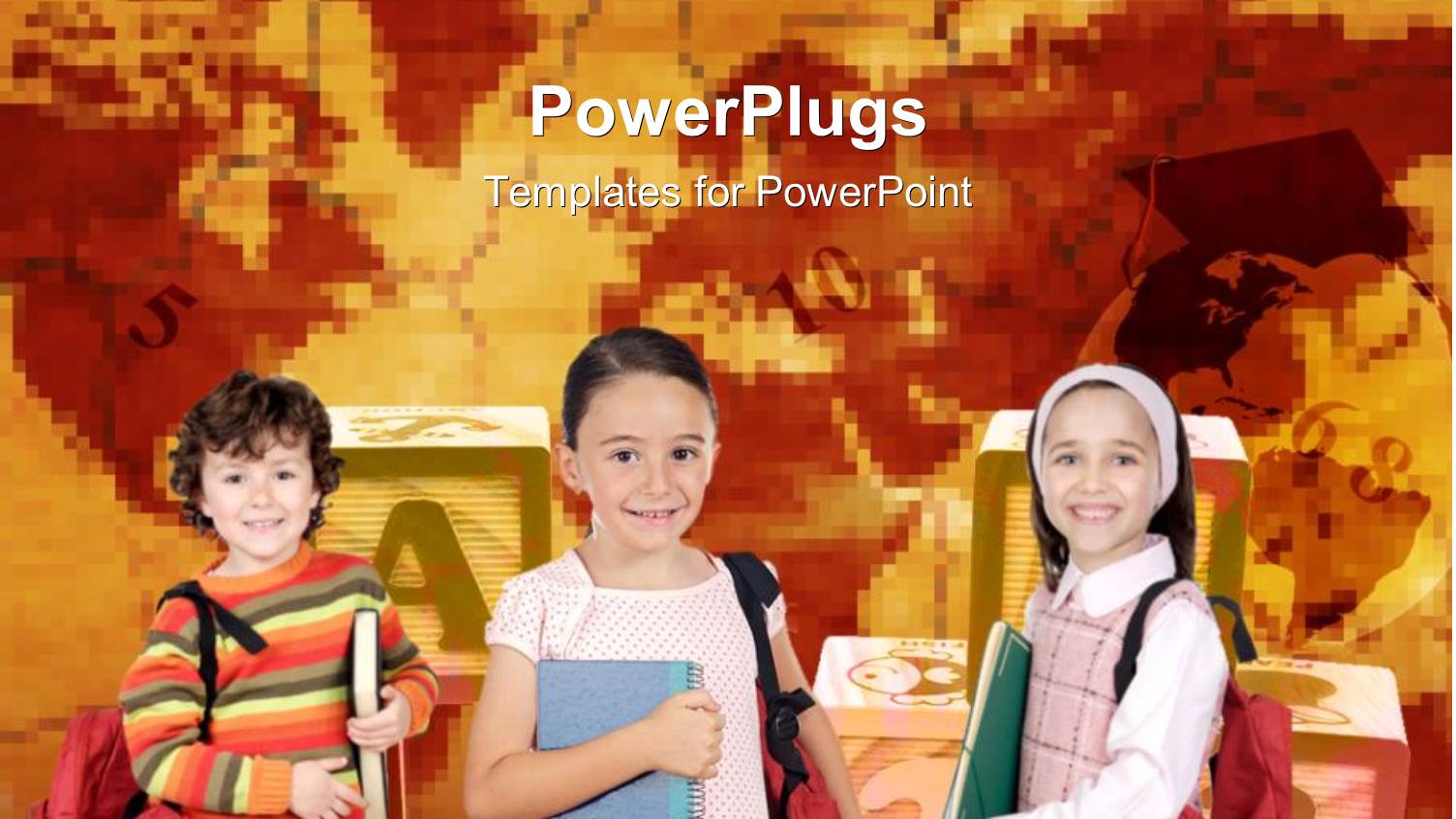 Various School Going Kids with Alphabets and Numbers in the Background