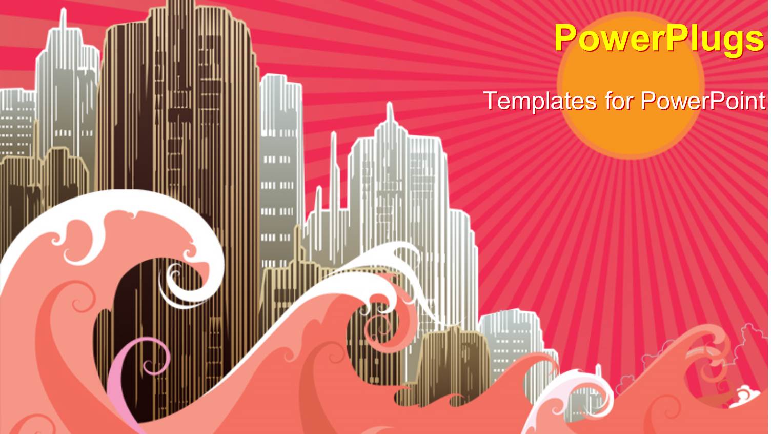 Vector Illustration of a City with Buildings and Sea Waves with Sun and Rays