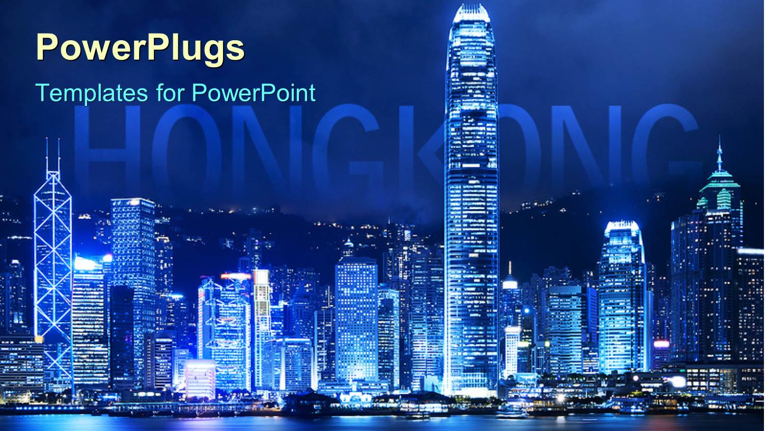 Victoria Harbor of Hong Kong at Night with Word Hongkong Emerging Behind Skyscapers