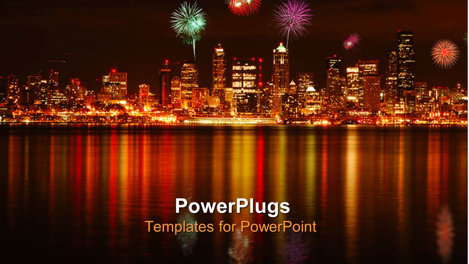 View of a City with Fireworks and a River