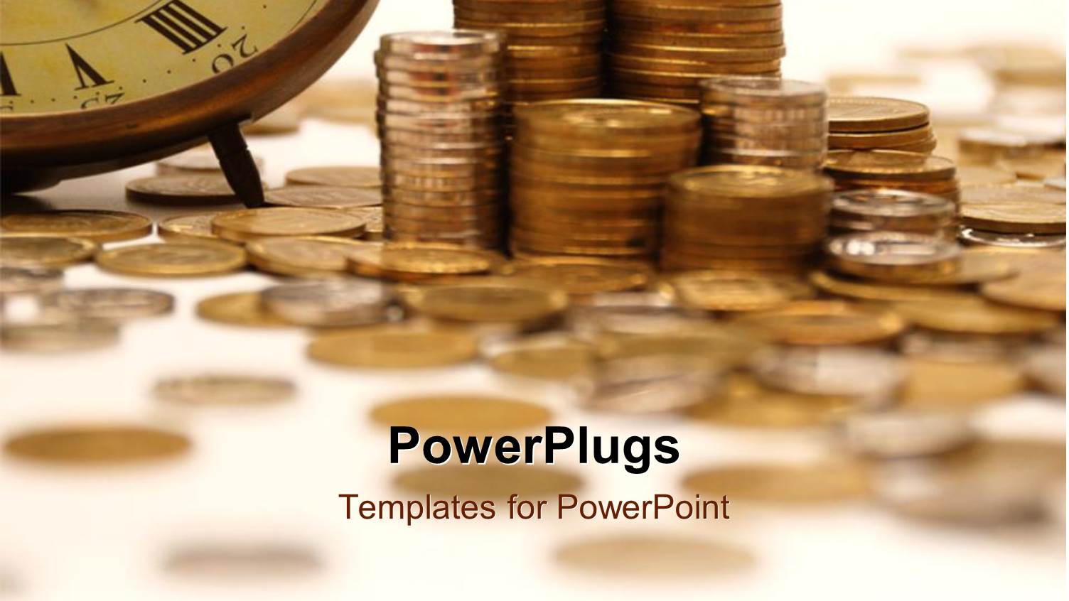 Vintage Clock with Gold Coin Stack on White Surface 