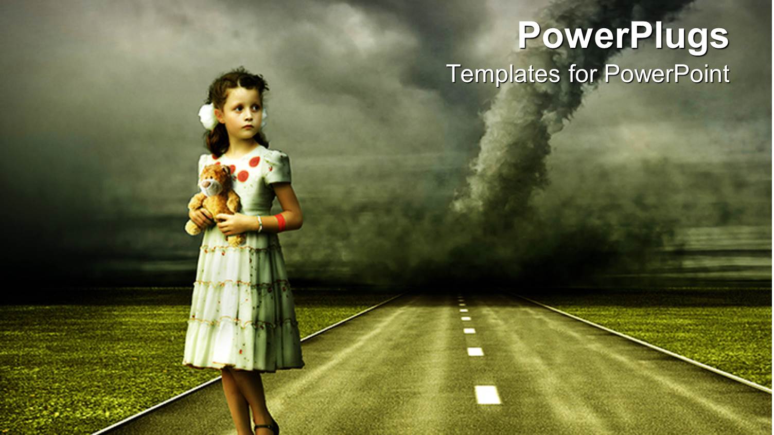 Vintage Depiction of a Young Girl in Dress Holding her Tiger Stuffed Animal in Front of Tornado Over the Road