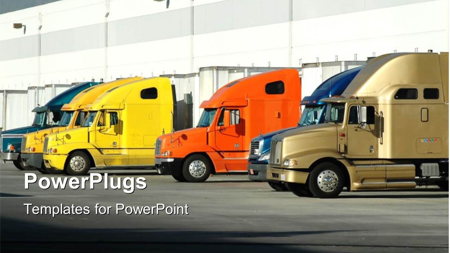 Warehouse with Five Colored Trucks Prepared for Loading 