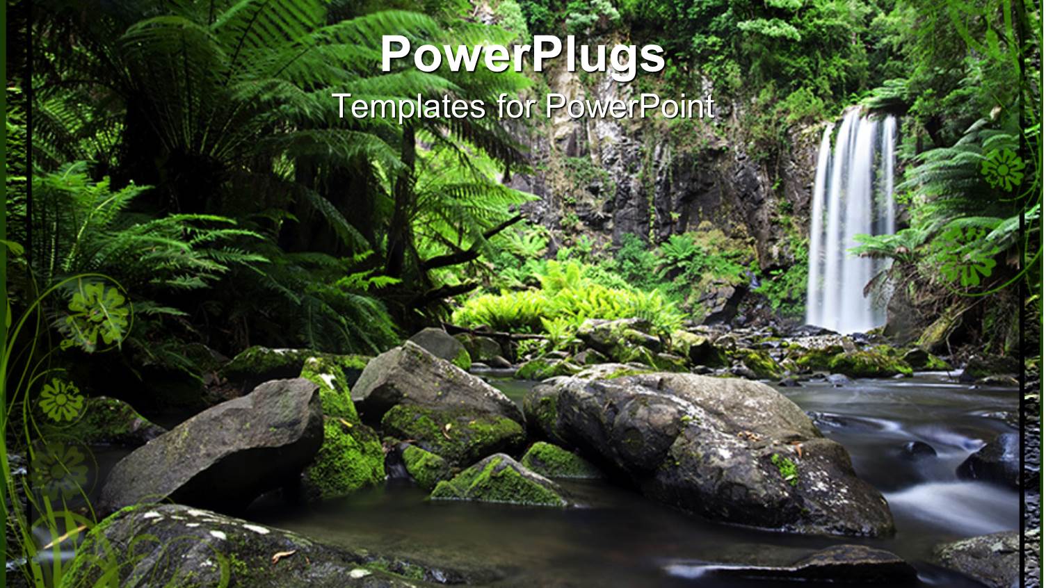 Waterfall in Tropical Setting with Trees Rocks in Water and Falling Water Through Trees