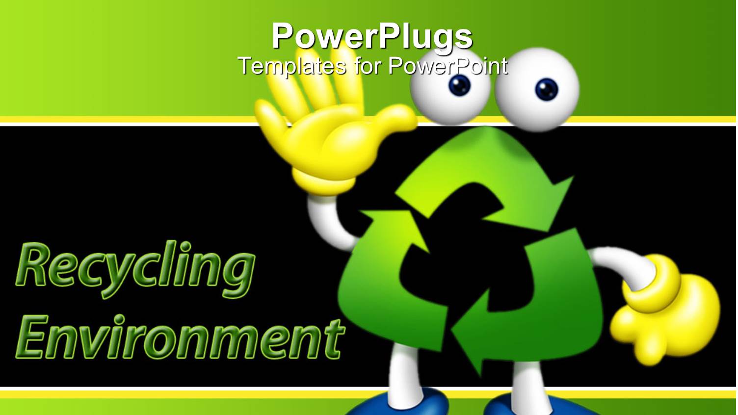 Waving Figure Made with Green Recycling Symbol Wearing Yellow Gloves and Blue Shoes