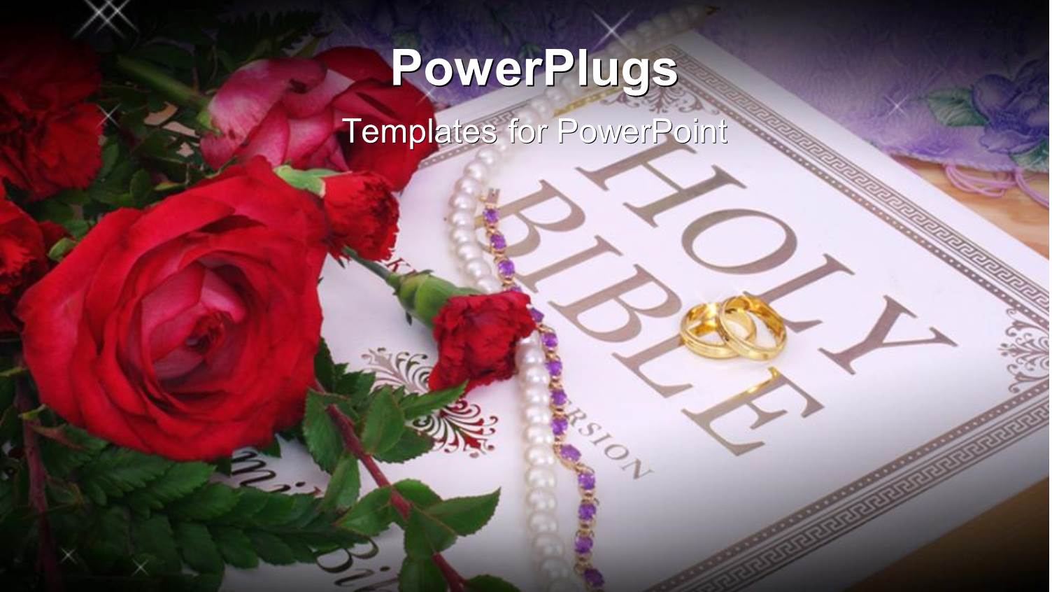 Wedding Depiction with Roses, Necklace and Wedding Ring on Holy Bible