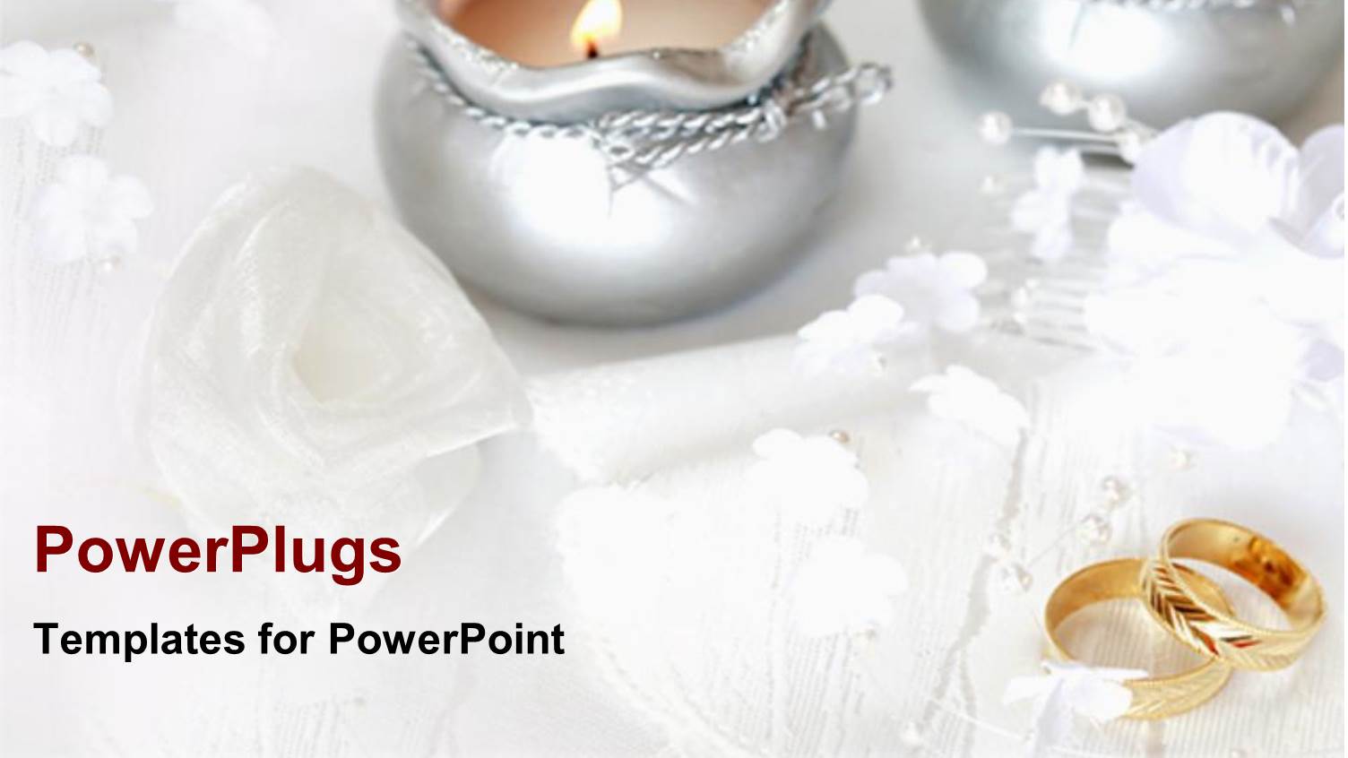 Wedding Theme with Two Golden Wedding Rings, Two Silver Lit Candles White Roses