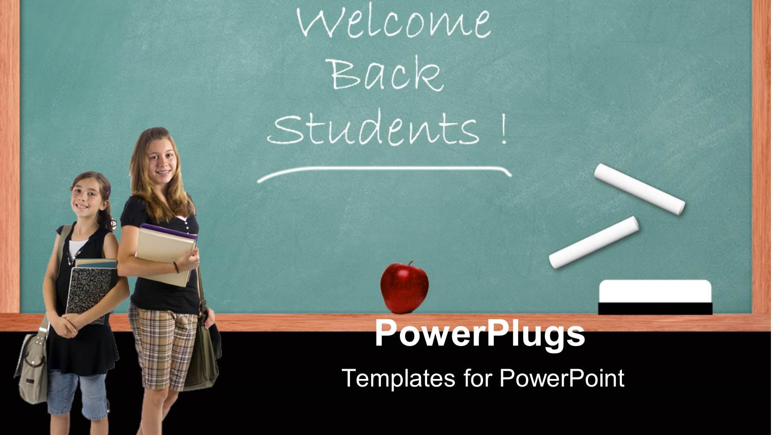 Welcome Back Students Chalk Writing on Chalkboard and Two Pupil Girls Holding Books Notebooks Schoolbags