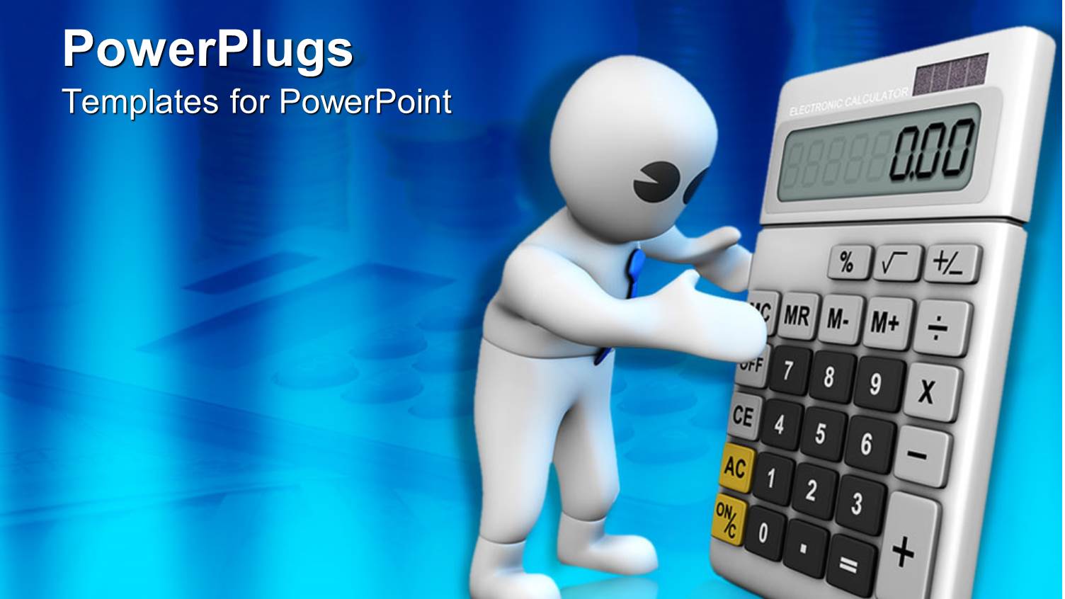 White 3D Figure Holding a big Calculator on Finance Tools Background