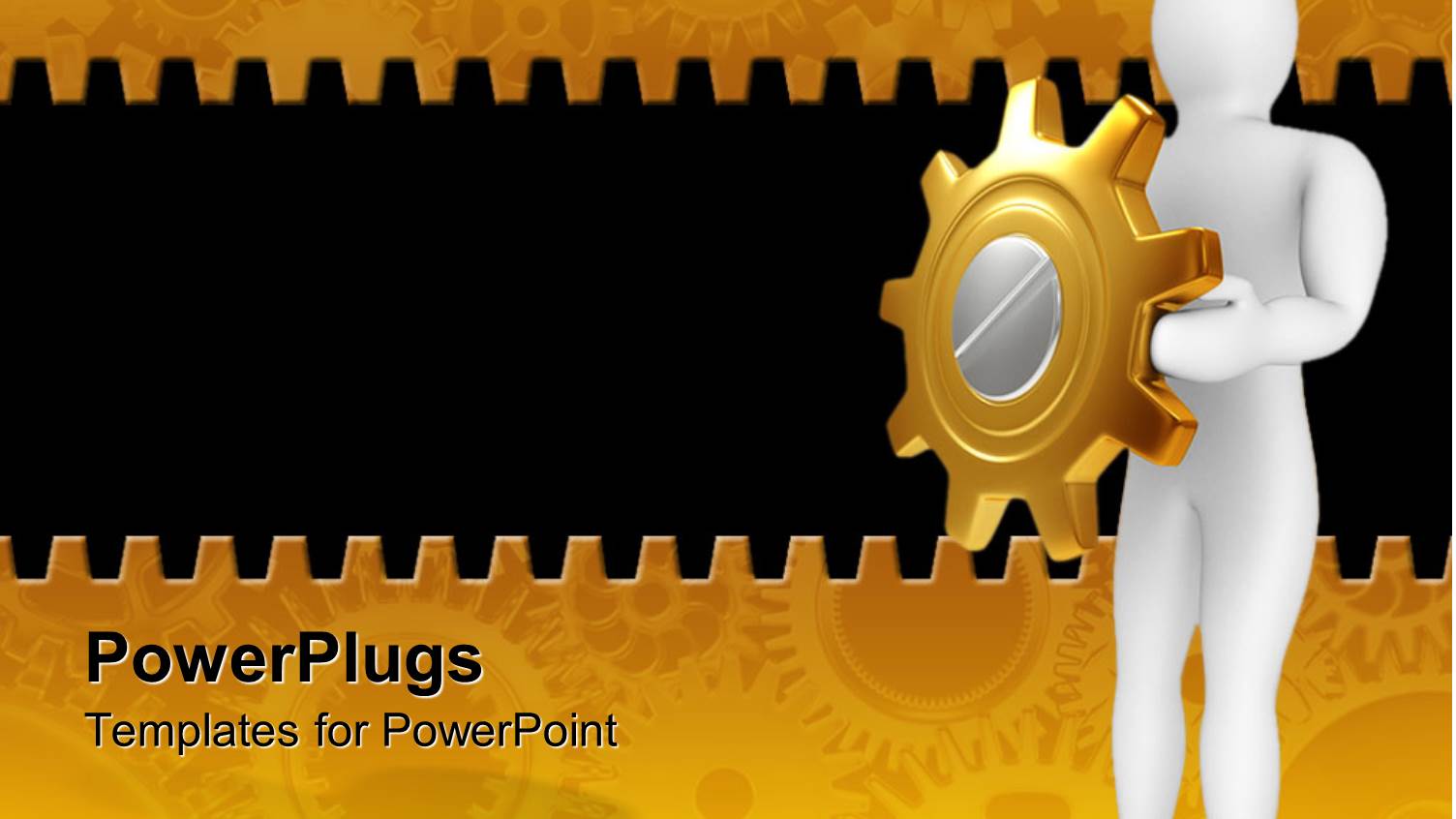 White 3D Figure Holding Golden and Silver Gear in Hands as a Shield on Mechanical Gear Golden and Black Background