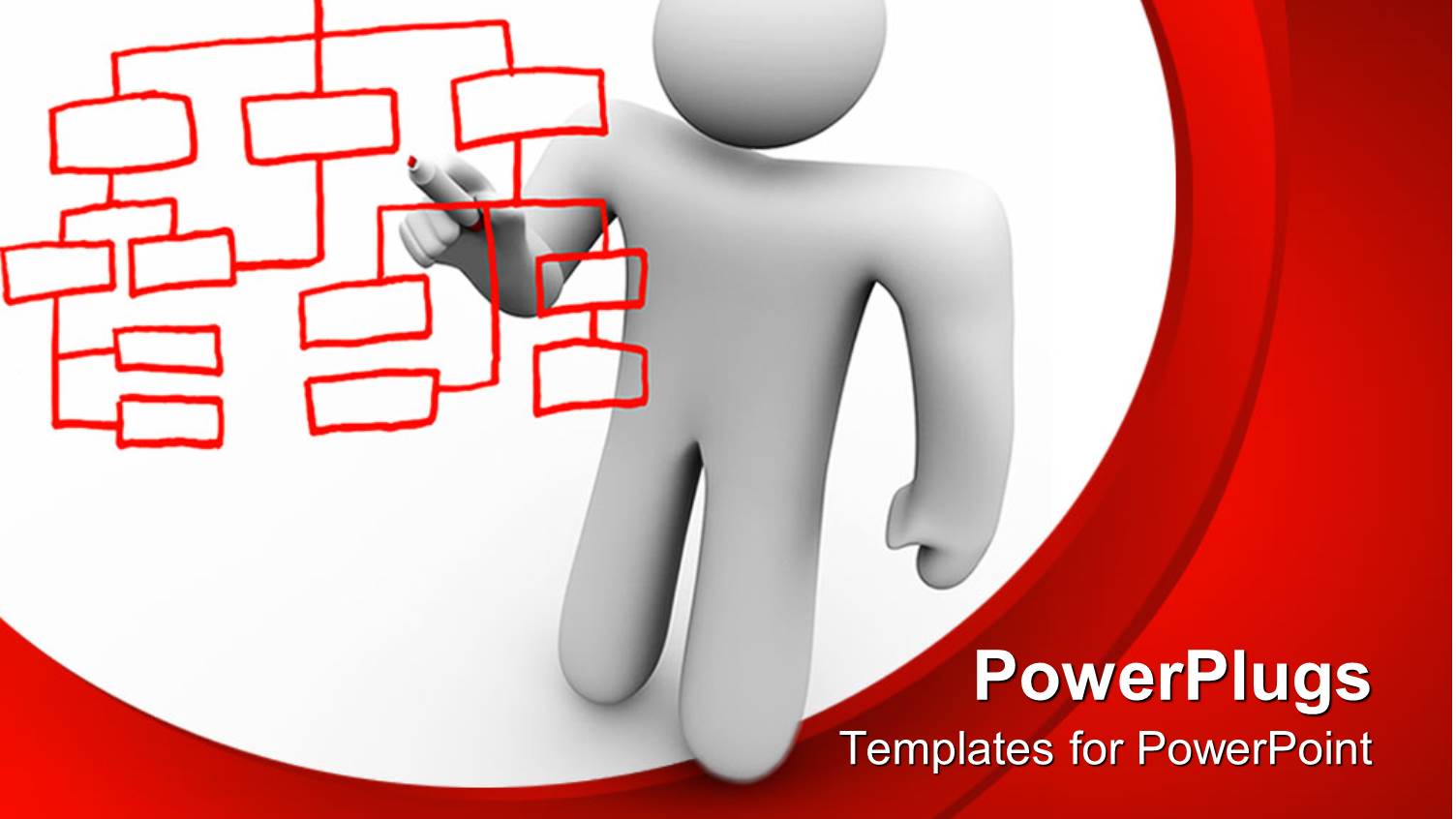 White 3D Figure Holding a Red Marker Drawing Organizational Chart on White and Red Background