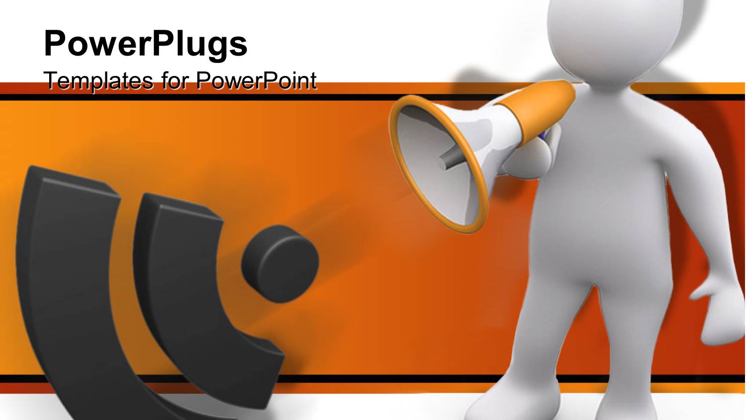 White 3D Figure Speaking Through Bullhorn Making Announcement with Sound Sign Symbol on White and Orange Background