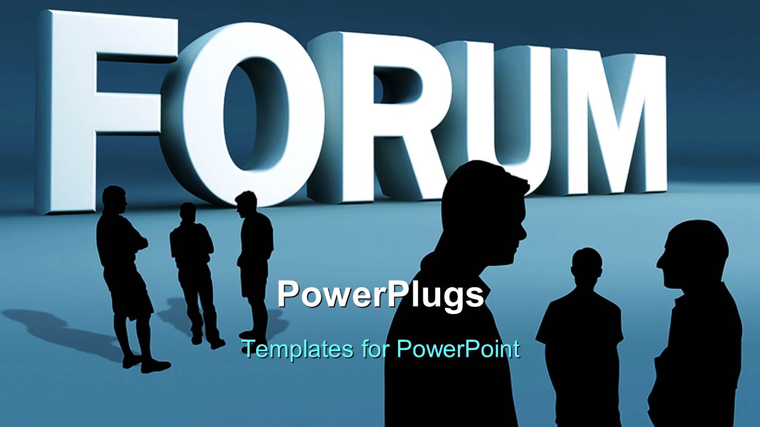 White 3D Text 'Forum' on Blue Background with Group Discussing