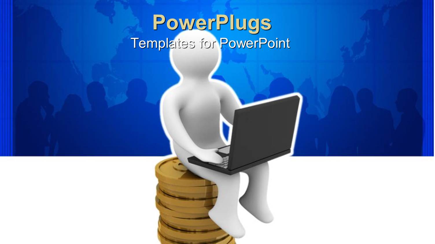 White Business Man Figure Sitting on Pile of Gold Coins with Laptop Computer on Blue Background