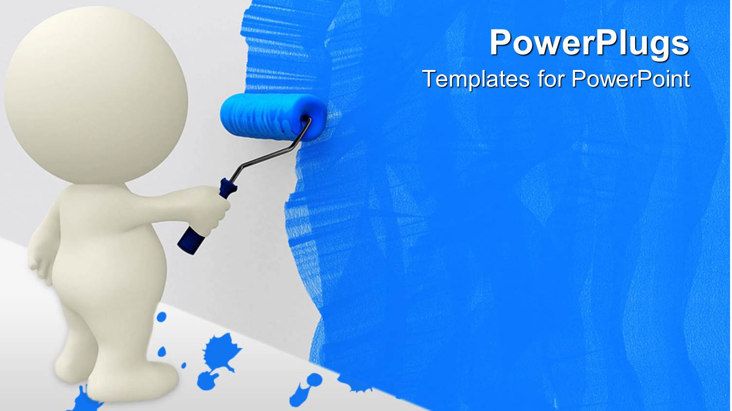 White Cartoon Man Painting Wall Blue with Roller