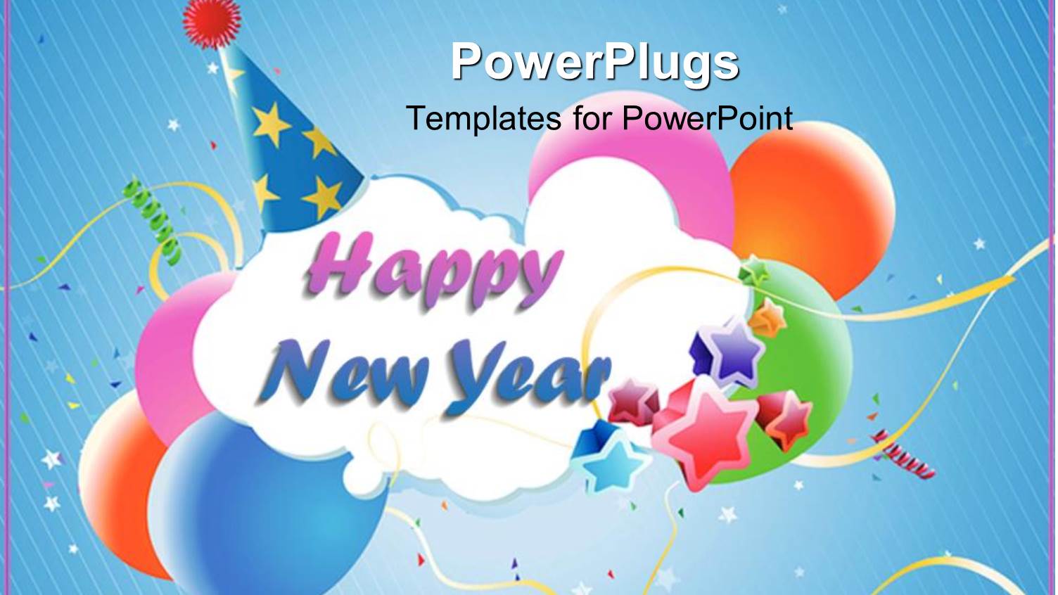 White Cloud Reading Happy New Year Wearing Blue Party Hat with Multicolored Stars and Balloons Against Blue Background