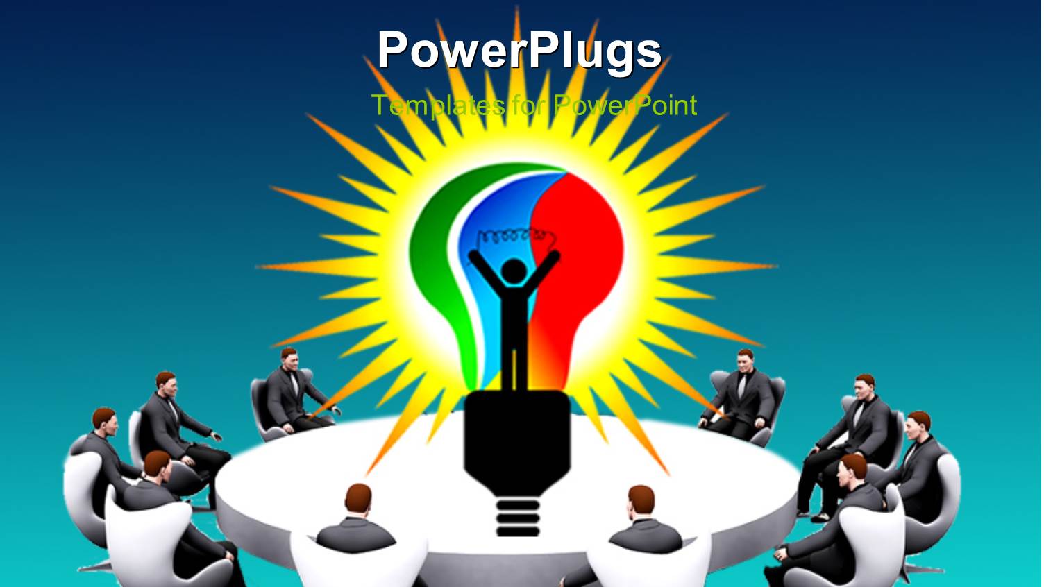 White Conference Table with Business Men Seated Round and Light Bulb in Center