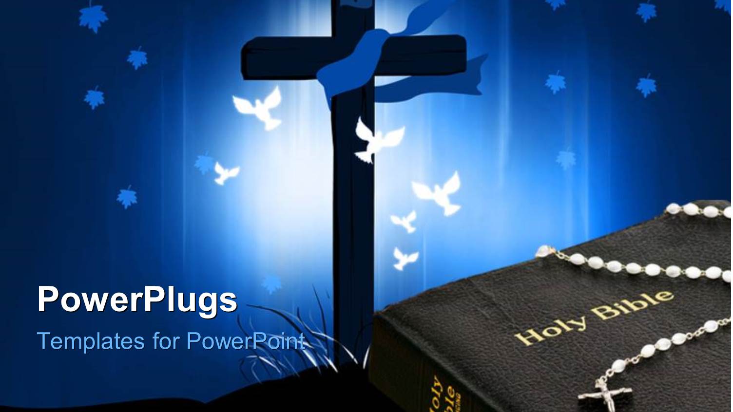 White Doves Flying Round Cross with Crucifix Sitting on Holy Bible