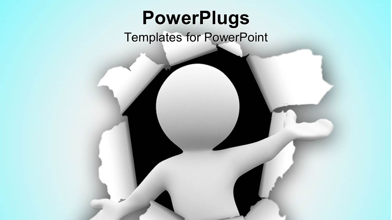 White Figure Bursting Through Blue Paper in Front of Black Background with Surprise Gesture