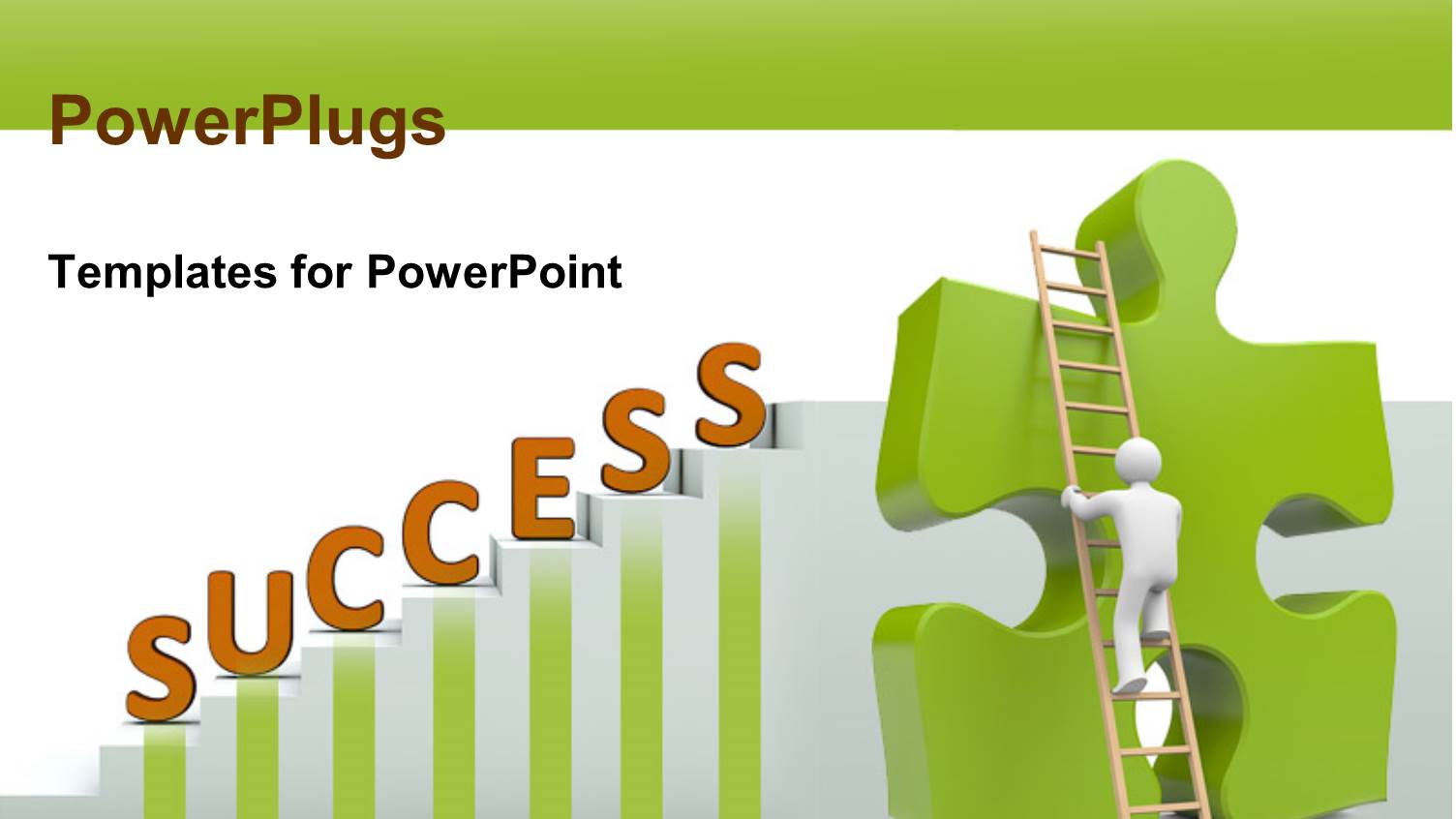 White Figure Climbing Ladder to Top of Green Jigsaw Puzzle at End of Stairway to Success