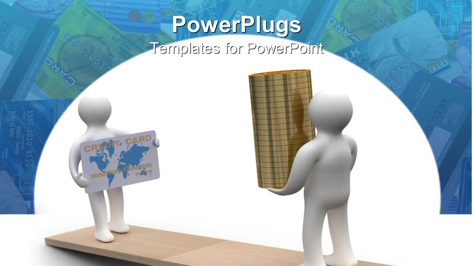 White Figure with Credit Card Standing Opposite Figure with Stack Gold Coins on Lever