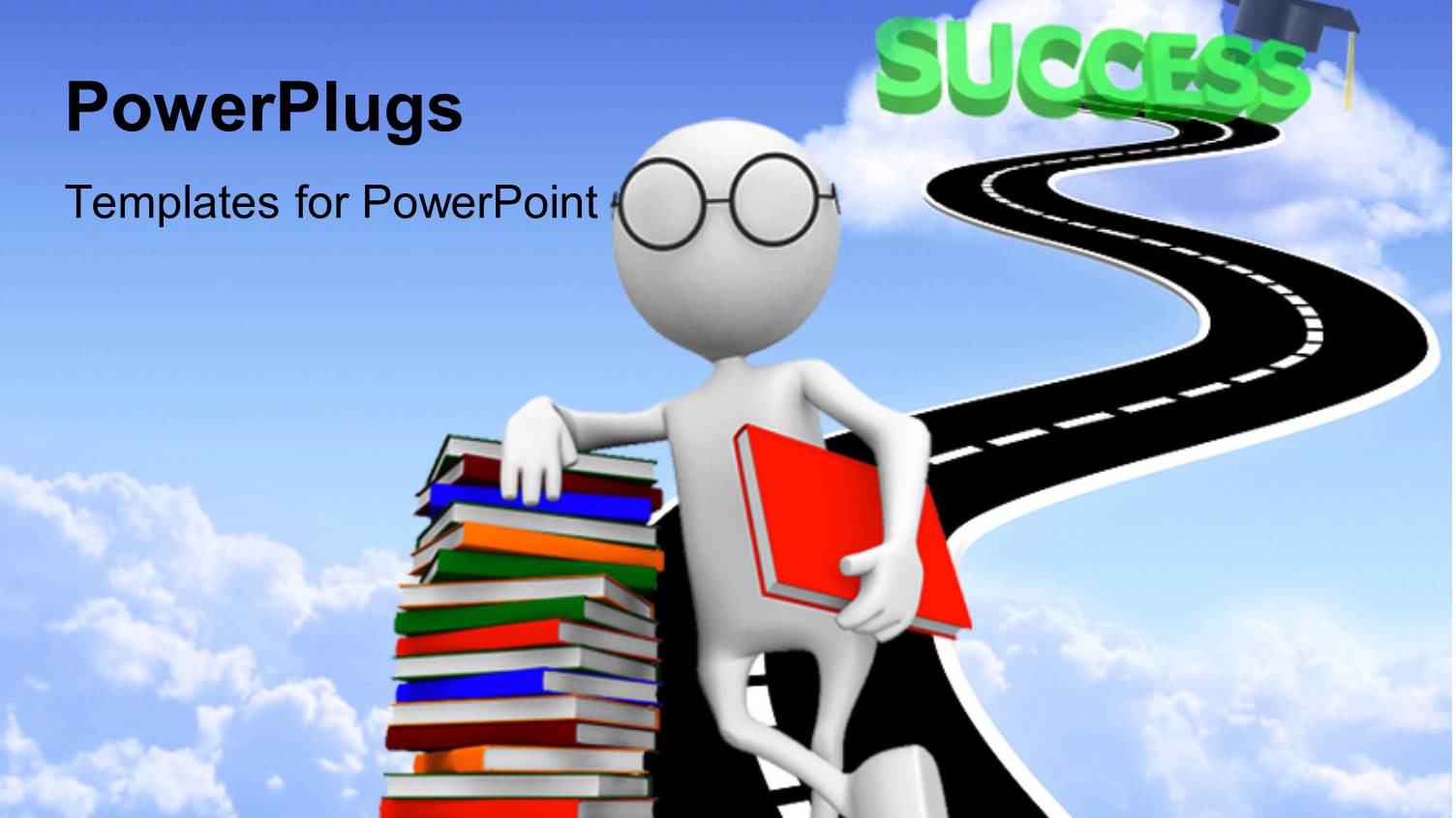 White Figure in Glasses Leaning on Stack of Books in Road to Success