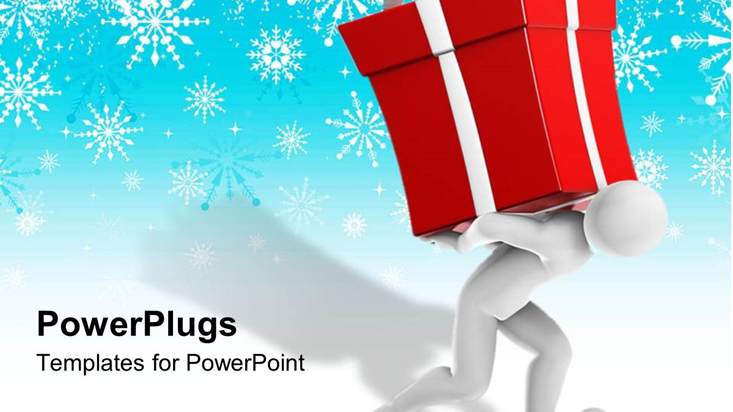 White Figure Holding Red Gift Box with Bow on Blue Snowflake Background