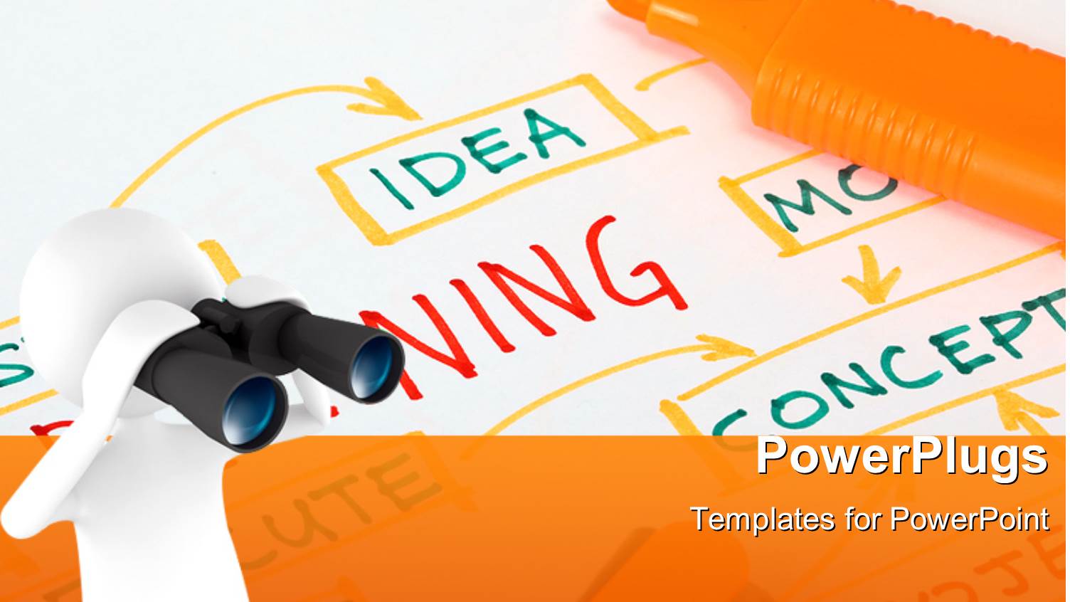 White Figure Looking Through Binoculars at Mind Map with Orange Highlighter
