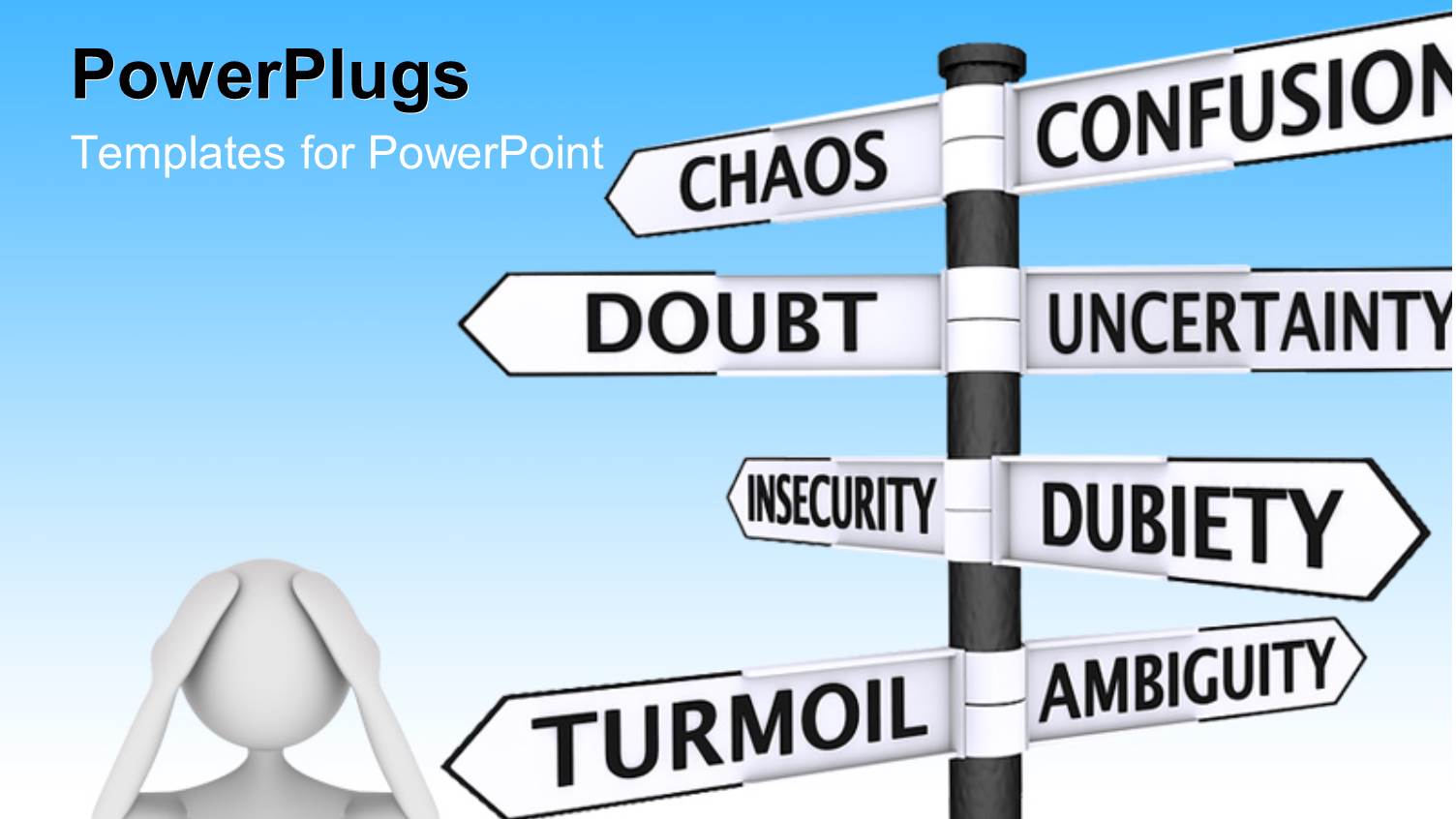 White Figure Next to Sign Post with Confusion Related Words