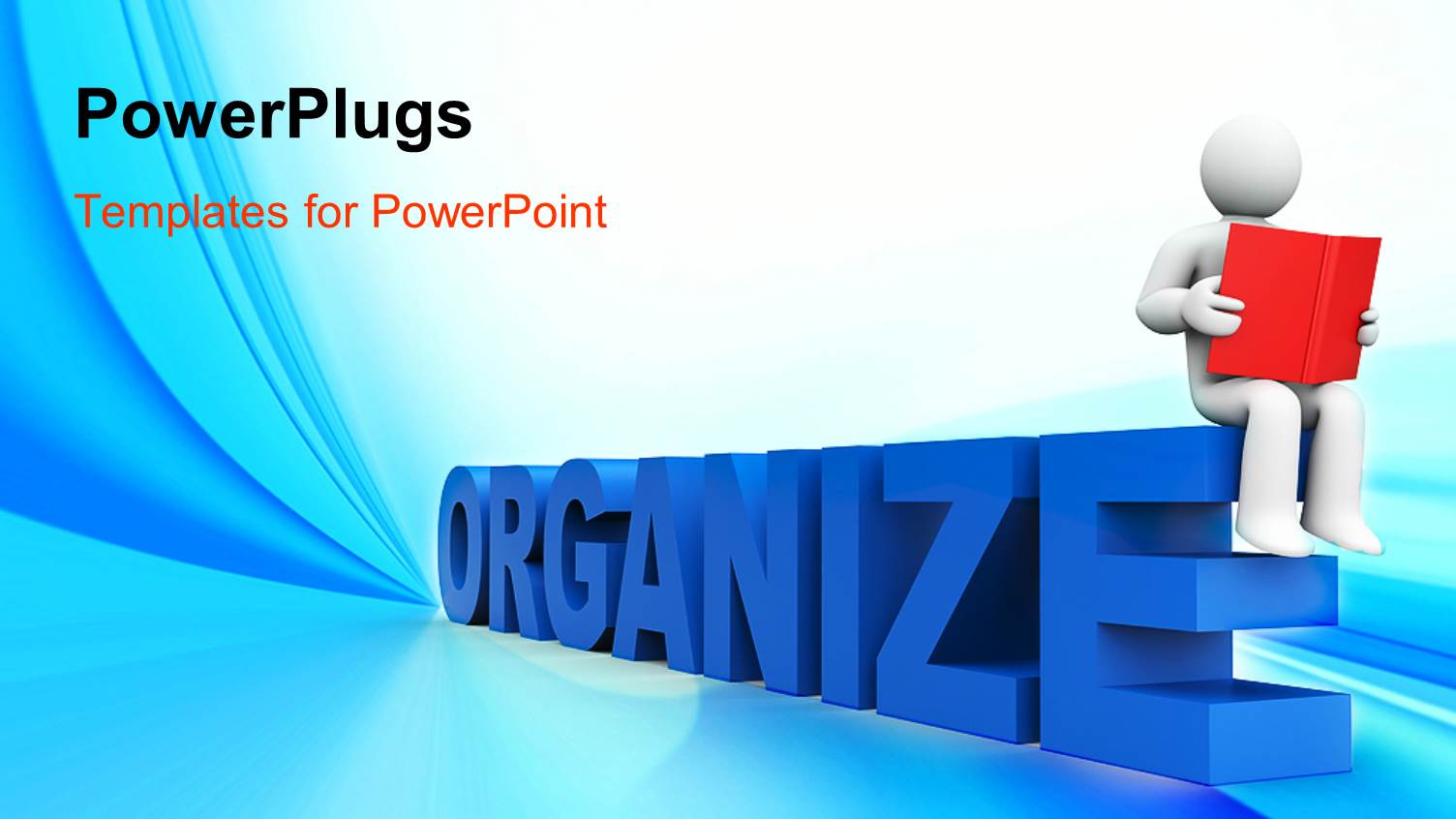 White Figure Reading Red Book Seated on Blue 3D ORGANIZE Sign