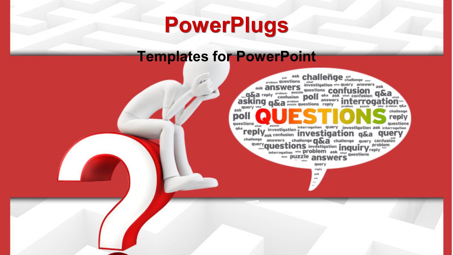 White Figure Sitting on Interrogative with Conversation Bubble Filled with Question Word Cloud