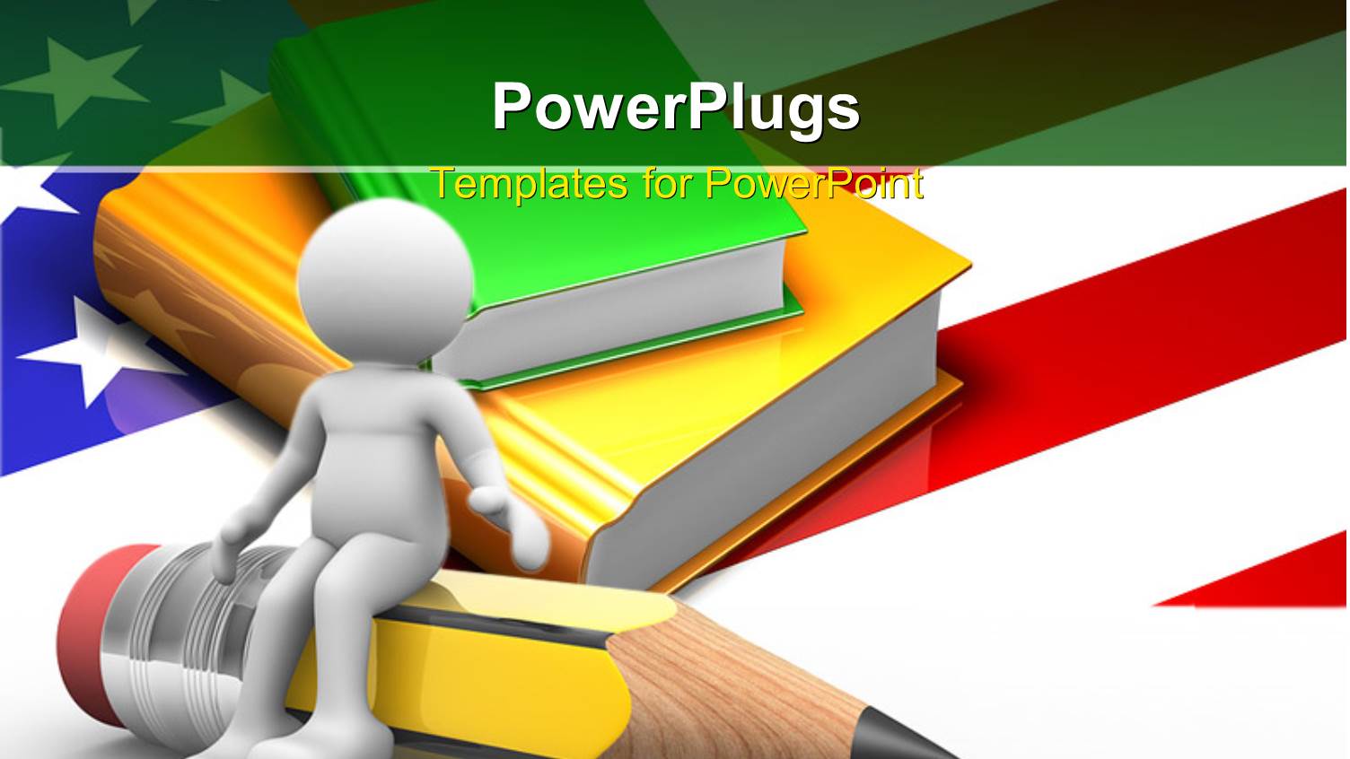 White Figure Sitting on Pencil in Front of Stack of Books and us Flag