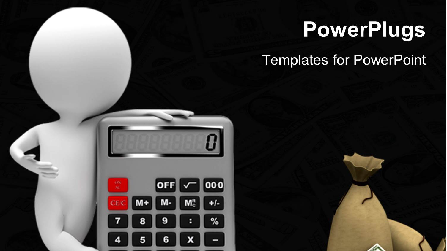 White Figure Standing with Calculator Next to Money Bag and Stack of Money