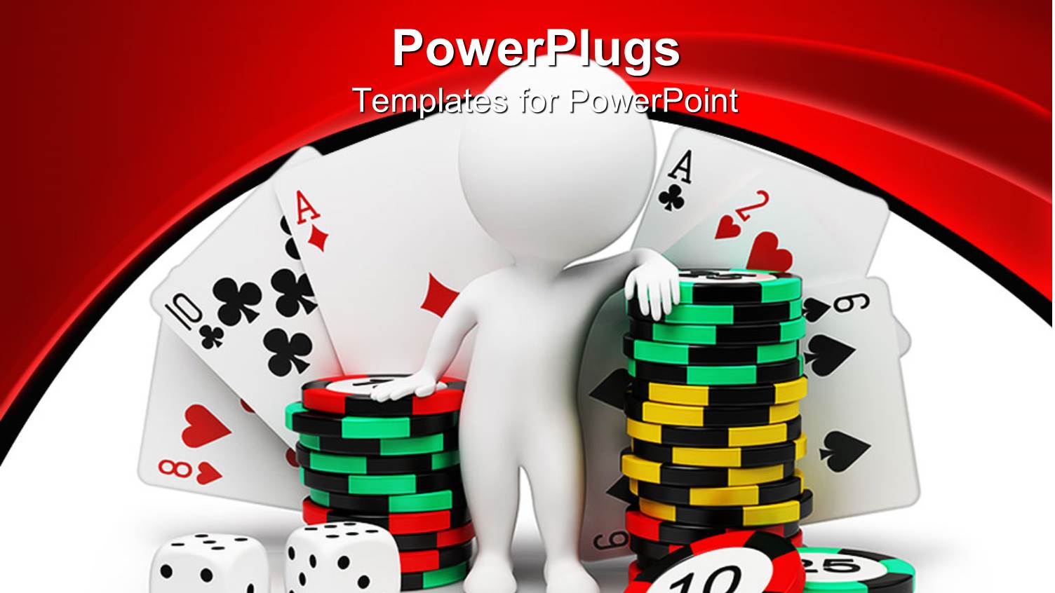 White Figure Standing Next to Stack of Casino Chips, Dies and Cards