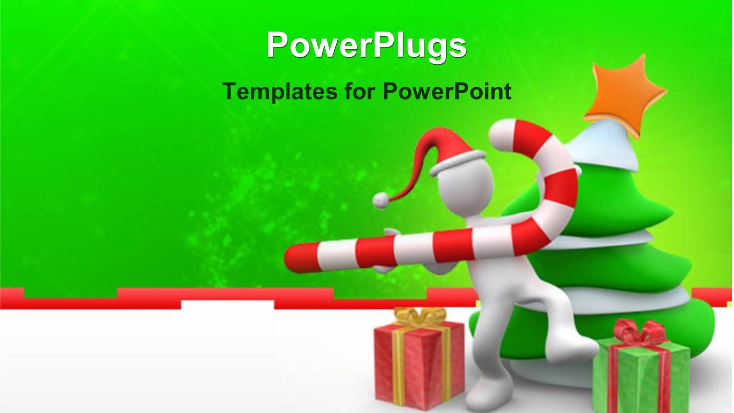 White Figure Wearing Santa Hat Holding Candy Cane Next to Christmas Tree and Gifts