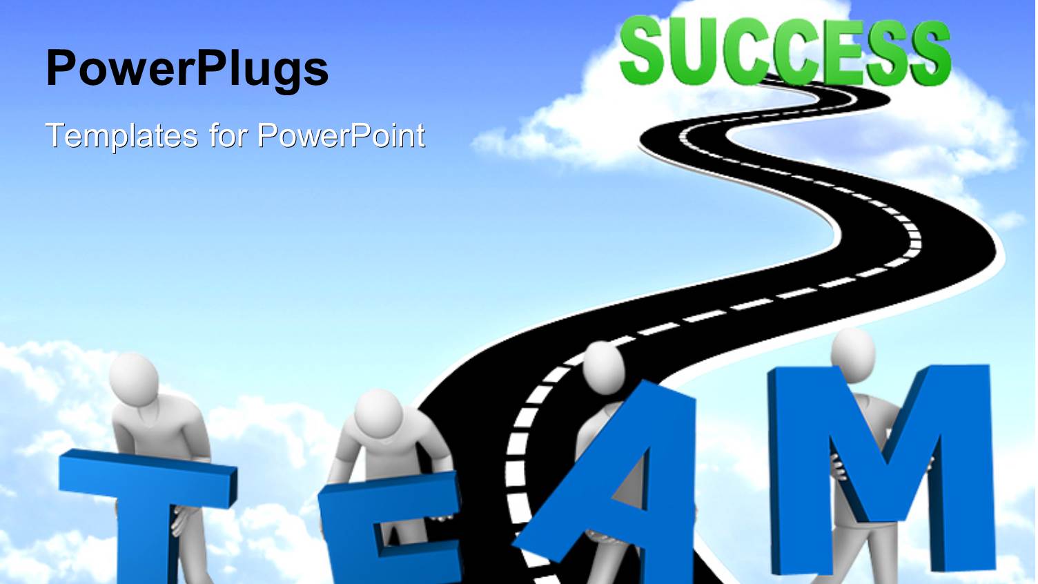 White Figures Carrying large Blue Letters TEAM on Narrow Highway into Cloud of Success