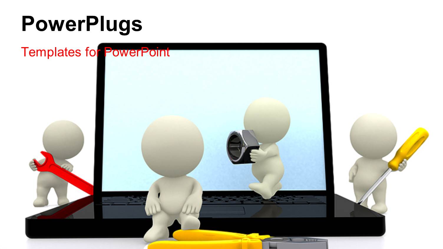 White Figures Holding Various Tools Around Open Laptop