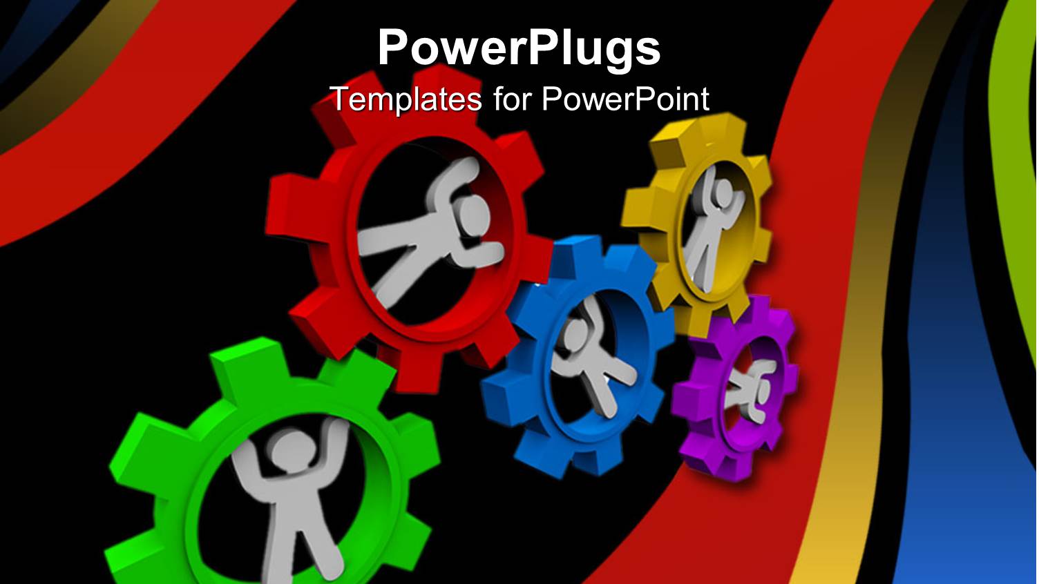 White Figures Inside Multicolored Meshed Gears Turning Together