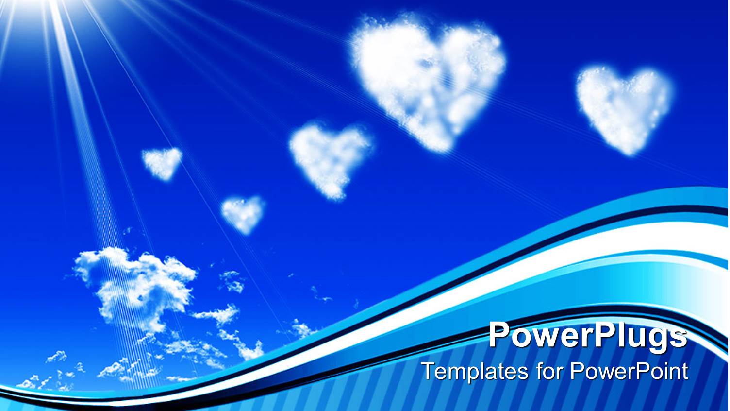 White Heart Clouds and Sun on Blue Sky with Wave and Stripe Border, Love