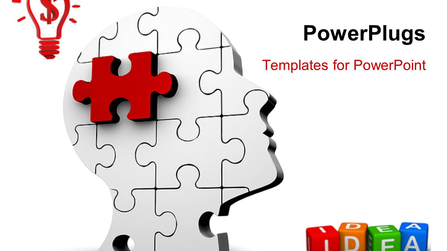 White Jigsaw Puzzle of Human Head Profile Between Money Idea Bulb and Colorful Idea Alphabet Blocks