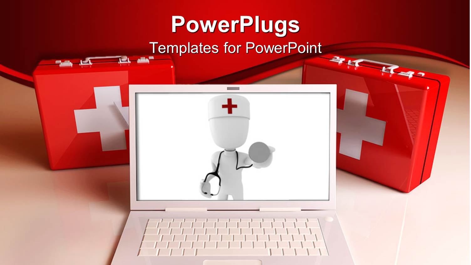 White Laptop with 3D White Figure on Screen Doctor with Red Cross and Stethoscope, Two First Aid Kits